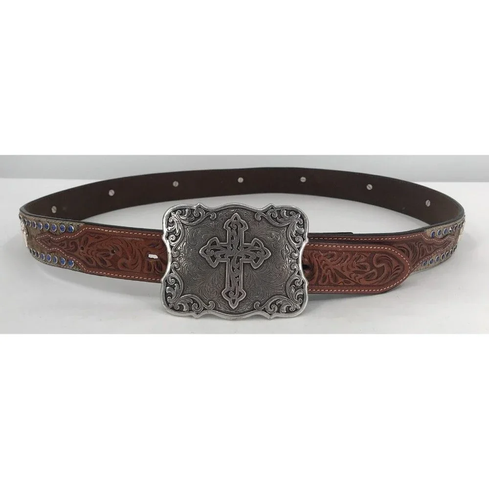 Ranger Belt Company Leather Belt Cowboy Western Cross Christian Buckle Hair‎